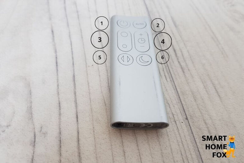 Die Fernbedienung vom Dyson Pure Cool Link Tower liegt auf einem Tisch und die Tasten sind von 1 bis 6 nummeriert.